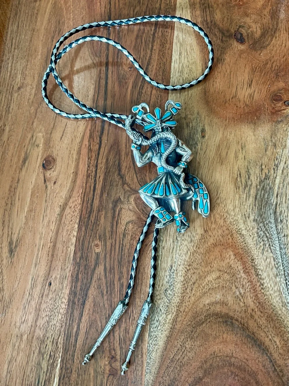 Vintage Southwestern bolo tie silver-toned Kachina dancer with snake